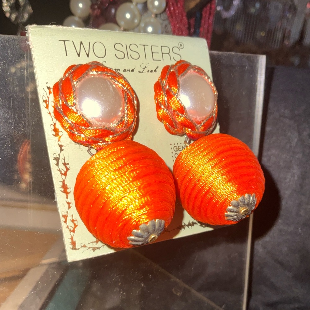 "Two Sisters"vintage orange thread-wrapped earrings pearl stud spherical drop.